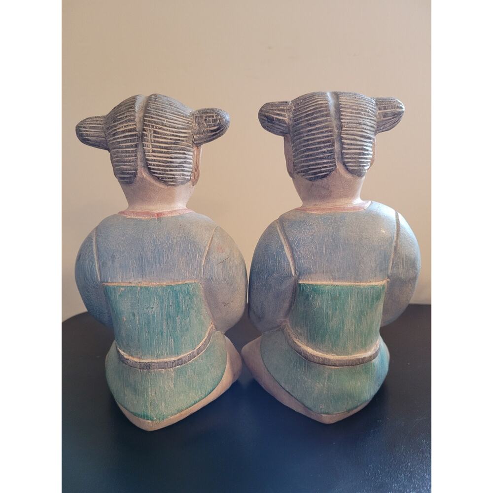 VTG Pair Of handmade/Carved/Asian Chinoiserie Wood Figurines Thailand - Picture 4 of 11